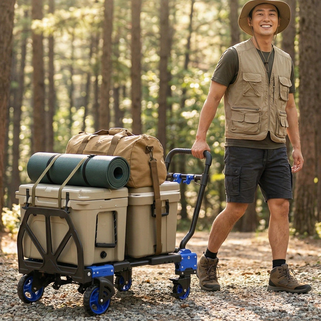 FW90TP 다기능 접이식 트롤리 휴대용 핸드카트 4 륜 플랫 베드 트럭 야외 캠핑 왜건 가정용 수하물 카트, 1개, Blue