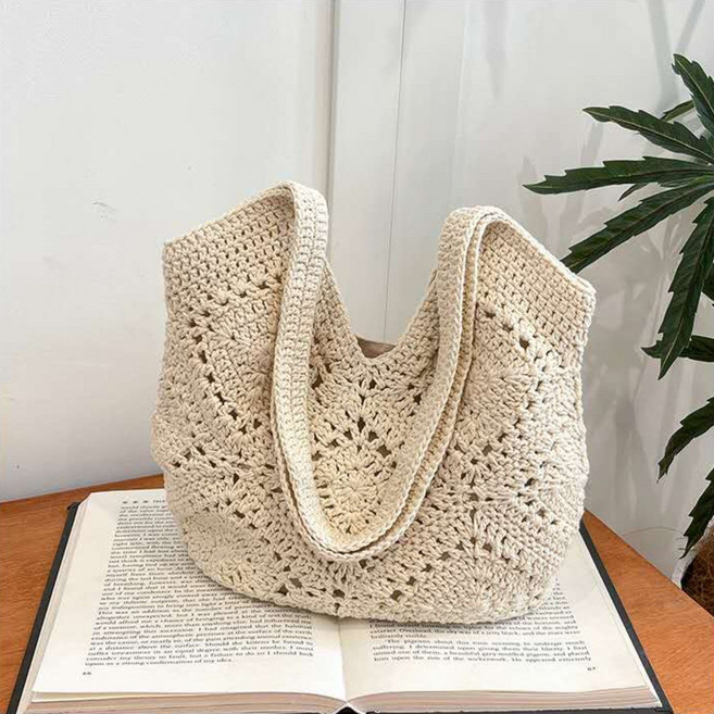 여성용 부드러운 니트 짜임 코튼 숄더백 여름 내추럴 라탄 느낌 데일리 토트백