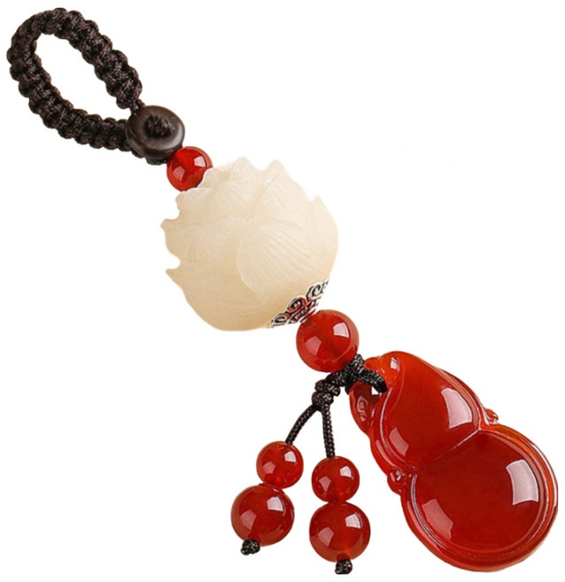 행운을 가져오는 재물복 액막이 옥 조롱박 연꽃 키링 열쇠고리, 1개, 레드