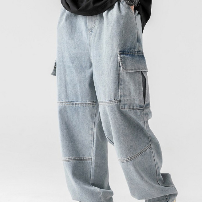 코디코치 남성 청화 복고 바지 캐주얼 와이드 카고 워싱 데님 팬츠