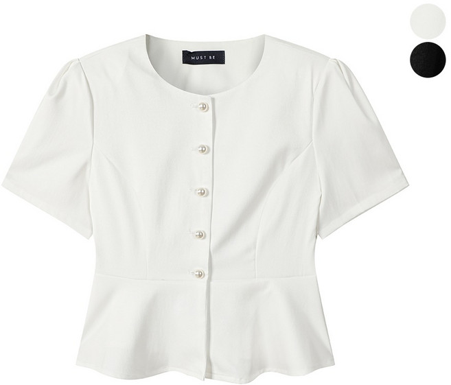 머스트비 여성 어깨패드 진주 단추 블라우스
