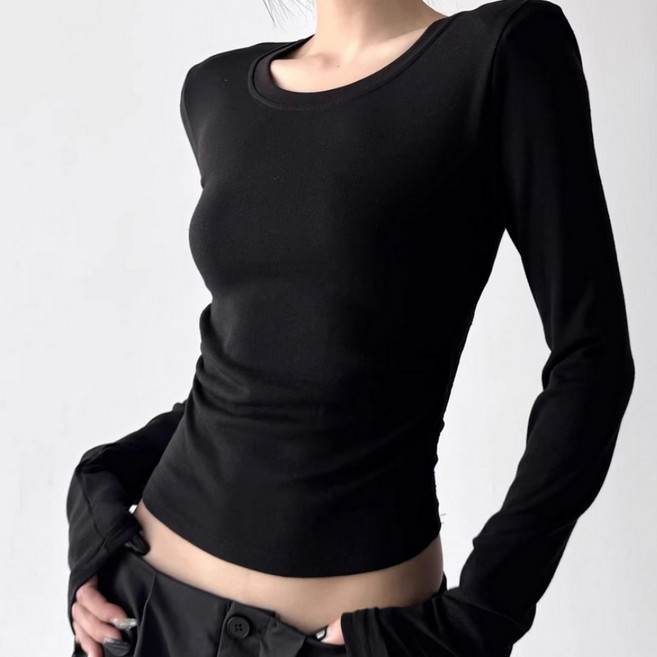 여성용 라운드 섹시 등판 펀칭 레이스 티셔츠 긴팔 슬림 톱