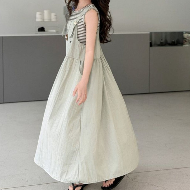 Toruva어린이 캐주얼 스트라이프 멜빵 원피스 세트 상큼한 디자인14세 이상