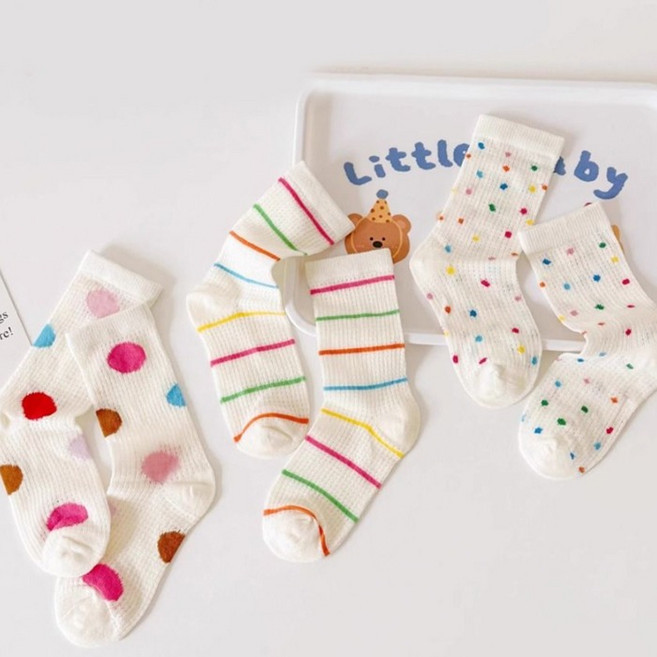 레인보우도트 매쉬 중목양말 3족세트