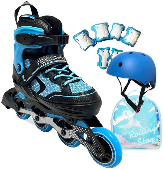 롤링스타 인라인 롤러 스케이트 밀크런 블루 세트 헬맷 보호대 가방, 1개, 블루(인라인블랙+헬맷블루+보호대블루+가방)