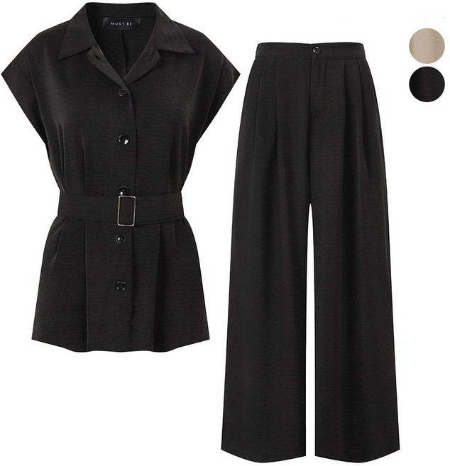 머스트비 벨티드 카라 셔츠 와이드슬랙스 셋업