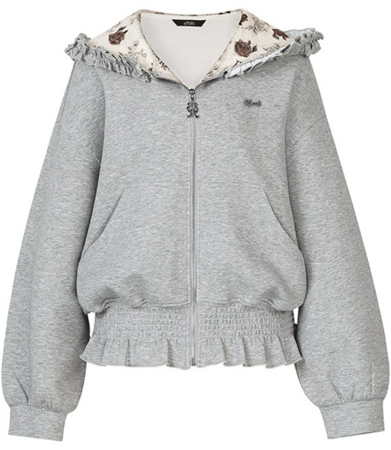 ELFSACK 학원 스타일 후드 집업 자켓 플라워 프린트 후드 프릴 장식 여성용 봄 캐주얼 아우터