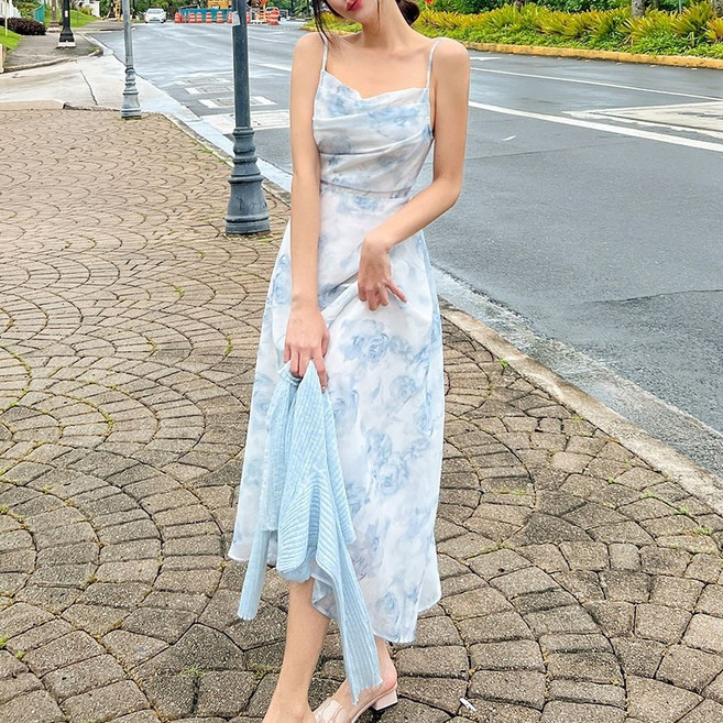 비키비키 로웰라 여성 원피스 비치 나시 롱 쉬폰 밴딩 플라워 체형커버 비치웨어