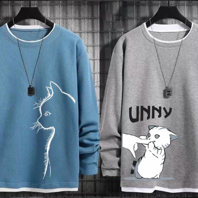 1+1 남자 긴팔티 와플 티셔츠 캐주얼 오버사이즈 긴팔 맨투맨 빅사이즈 라운드 긴팔티 2P 봄가을 남성 긴팔 티셔츠 CJJ