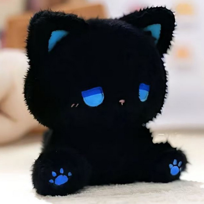 우울 고양이 인형 고양이 아이디어 봉제 완구 동물 봉제 인형 동물 피규어 동행 인형 생일 선물, 1개, 검은 고양이 파란 눈, 16cm