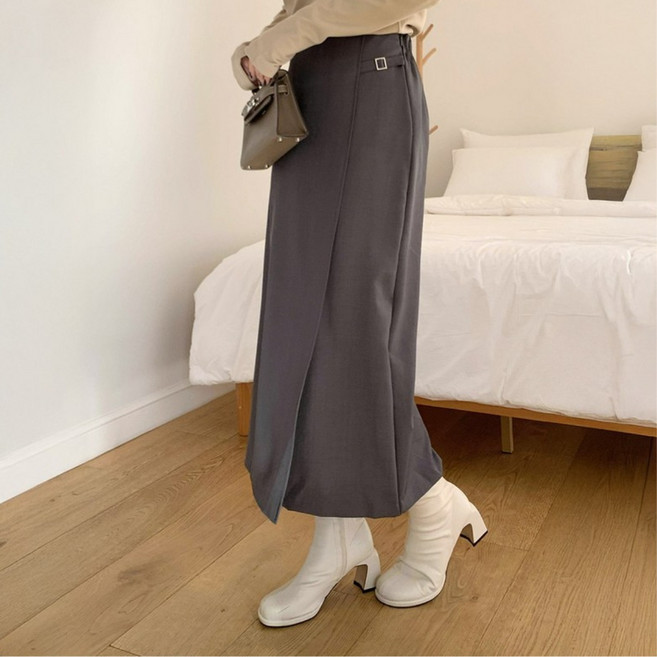 무디에 여성 벨티드 버클 A라인 뒷밴딩 하이웨스트 롱 랩스커트