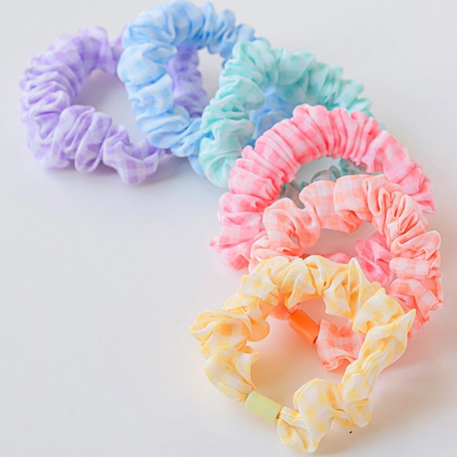 파스텔체크 헤어곱창밴드 6종 세트 학생헤어밴드 여아머리끈 슬림핏곱창세트 데일리헤어손목끈