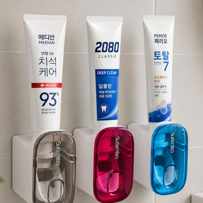 키친9단 무타공 벽걸이 원터치 치약 디스펜서, 색상랜덤, 2개