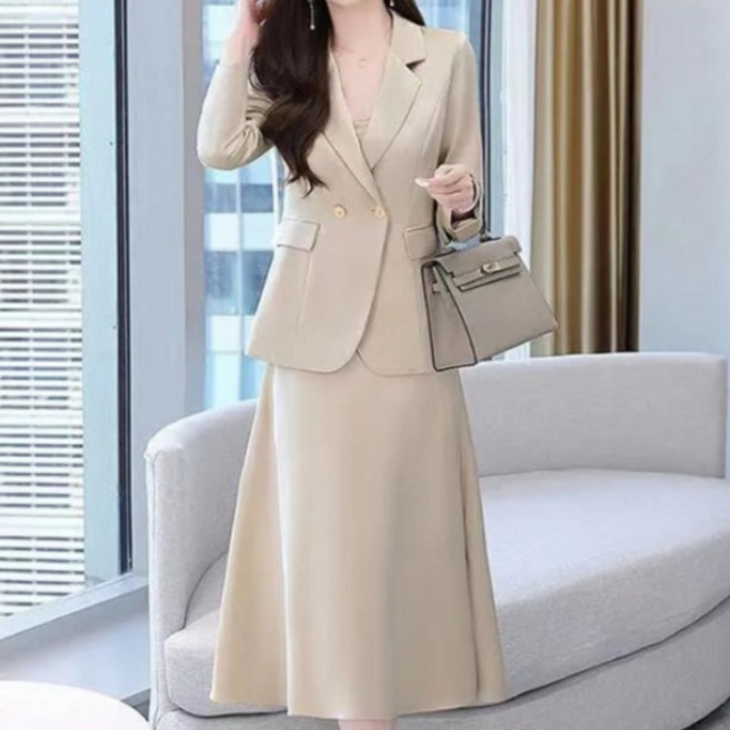 TIMEPURE 여성 정장 세트 봄 가을 패션 슬림핏 정장 자켓+ 끈나시 롱 원피스 투피스 슈트 오피스룩 출근룩 하객룩