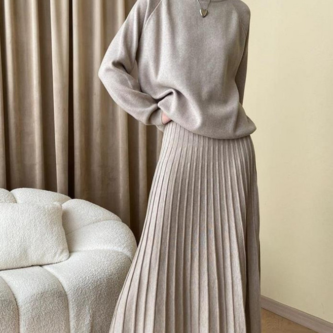레이디 매직(lady magic) 여성 분위기 좋은 퀄리티 도톰 풀오버 니트+플리츠 롱스커트 투피스