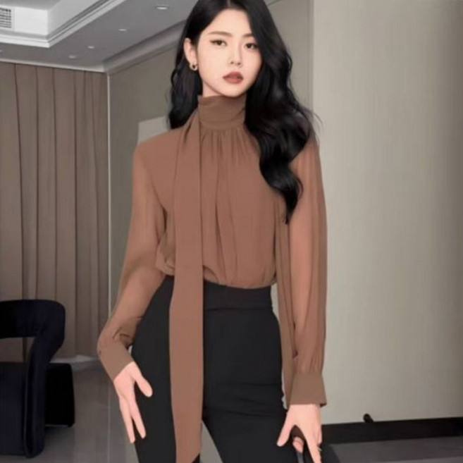 COSYEVNO 여성 봄 하이넥 블라우스 리본 면접 셔츠