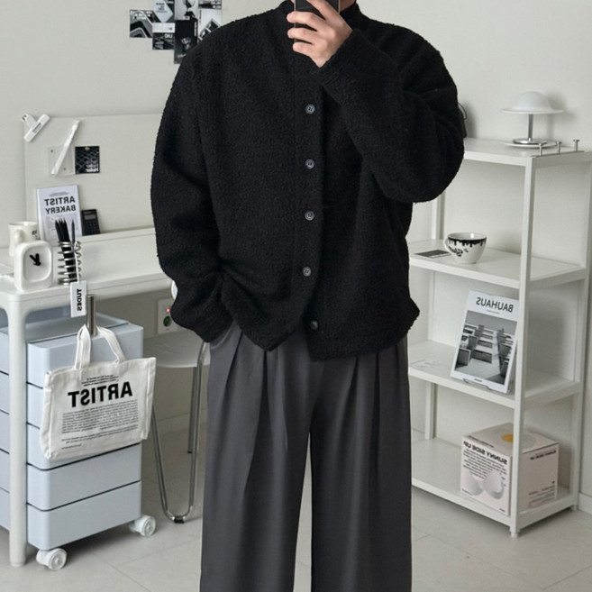 르위 오버핏 울 기모 양털 헨리넥 가디건