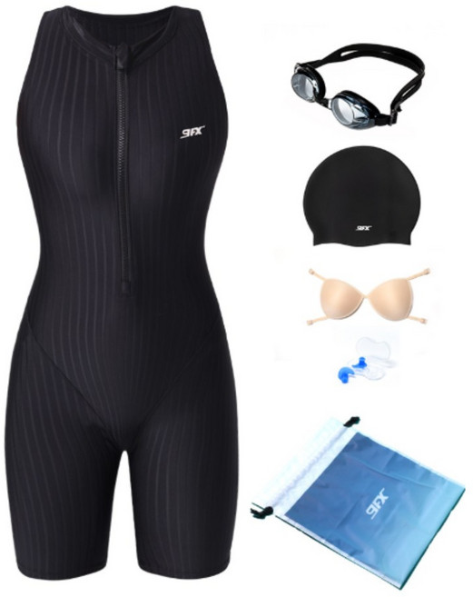 여성 실내 강습 반전신 반소매 민소매 원피스 수영복 + 수경 + 수모 6종 세트