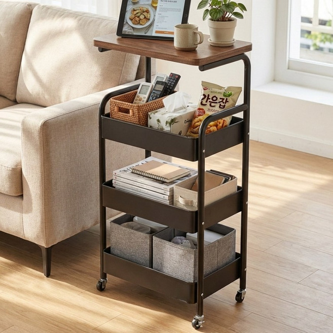 FOOI 이동식 4단 트롤리 철제 수납카트 바퀴형 선반 360도 회전 다용도 정리대, 원목 블랙