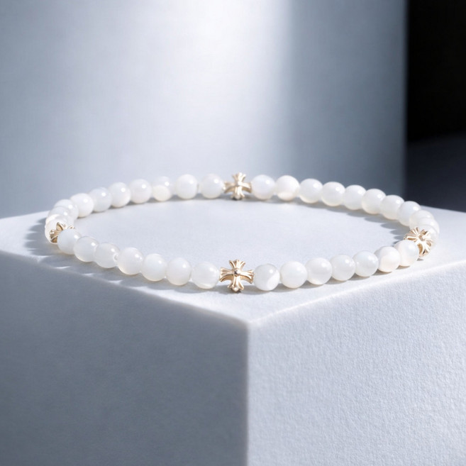 크롬 스타일 화이트 자개 십자가 4포인트 4mm 원석 순은 팔찌