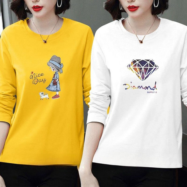 [완전 편한] 빅사이즈 날씬해보이는 중년 여성 라운드 프린트 긴팔 티셔츠 봄 가을 1+1 영문티 캐릭터 엄마 큰옷 4xl 면티 얇은 루즈핏 이너 옐로우 핑크 캐쥬얼 긴팔 티