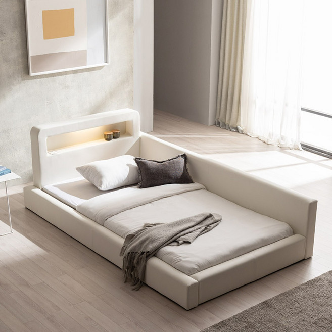 젠티스 스너그온 LED PU 가죽 저상형 침대프레임 패밀리침대, 1.아이보리 화이트, 2.퀸 Q