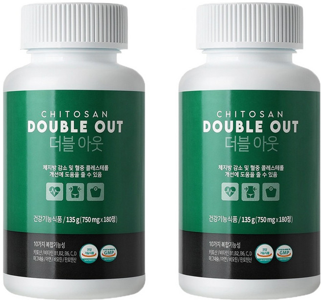 더블아웃 키토산 2통 체지방 감소 다이어트 보조제 키토올리고당, 2개, 180정