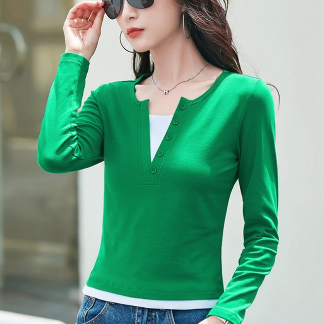 라부라카 간절기 여성 페이크 투피스 긴팔 티셔츠 100%면티 브이넥 티셔츠 여성 봄가을 상의 골프웨어