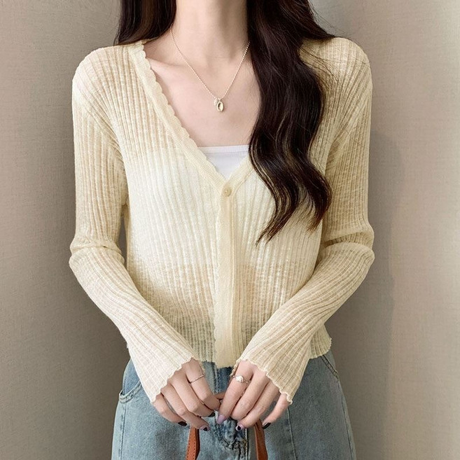 薄款針織防曬外套 寬鬆, 杏色