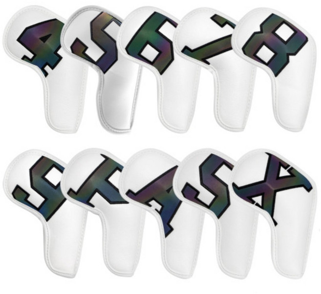케이디코 자석 아이언커버 10개 세트 가죽 홀로그램 골프채 보호, 화이트 홀로그램