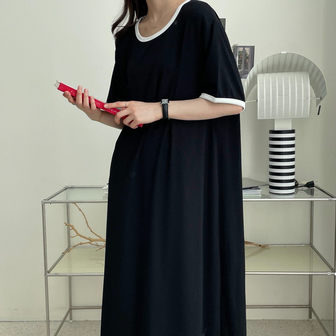 픽앤피크 빅사이즈 오버사이즈 쿨 배색 반팔 원피스 (66-100)