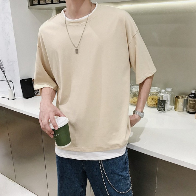 韓版寬鬆落肩袖假兩件短袖上衣 男裝 t恤 短袖t恤 上衣, 杏色