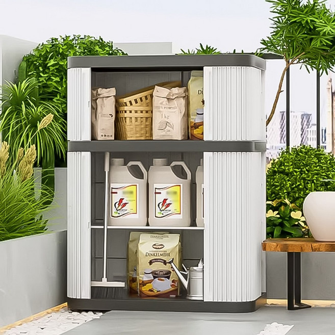 리바홈 방수 야외창고 간이 방진 가벼운 실외 테라스 베란다 정리함 수납함 창고, 화이트+블랙