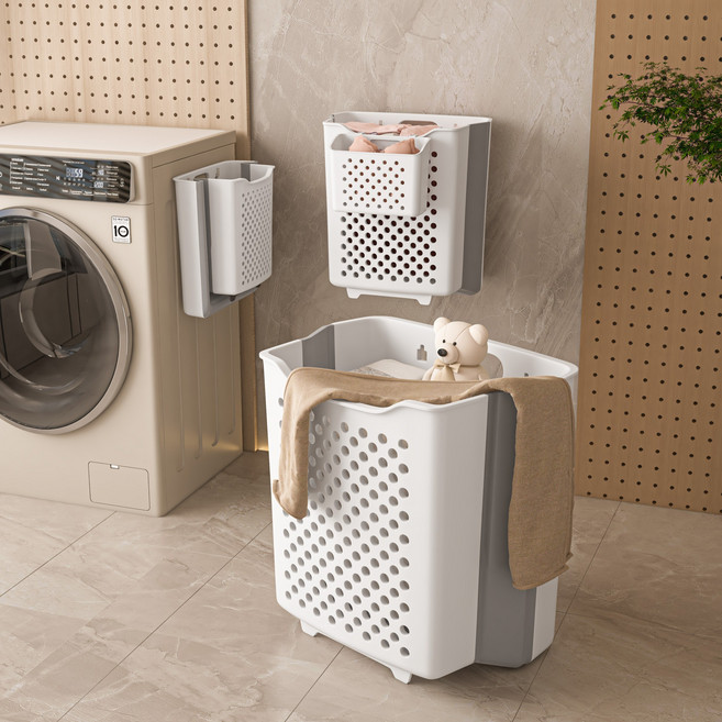 해피캣무타공 벽걸이 접이식 빨래바구니 세탁함, L, 화이트