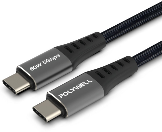 POLYWELL USB3.1 Type-C 3A 高速傳輸充電線 60W, 1m, 編織黑色, 1條