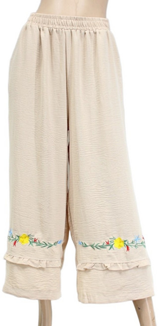 여성 면혼방 밑단 자수 밴딩 와이드 통바지 원마일웨어 봄가을 잠옷