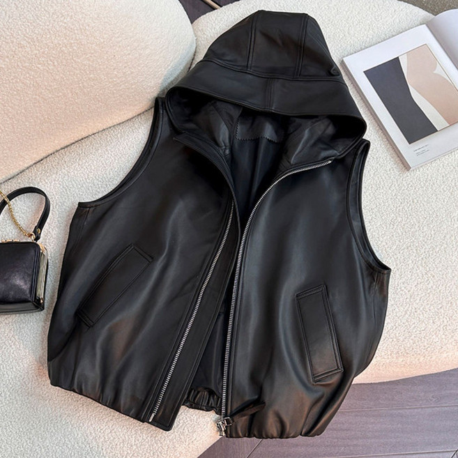 (완전 추천) 90kg까지 날씬해보이는 여성 고급 가죽 후드 집업 베스트 자켓 봄 추천 루즈핏 빈티지 민소매 숏 PU 레더 코트 캐주얼 큰옷 여성의류 4xl 패션 조끼