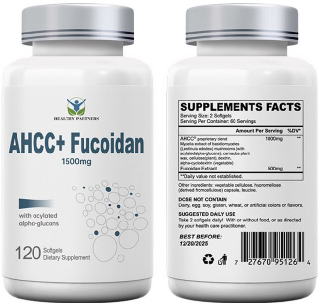 헬시파트너 AHCC 후코이단 1500mg 베타글루칸 표고버섯 균사체 알파글루칸 미역귀 무관세, 6개, 120정