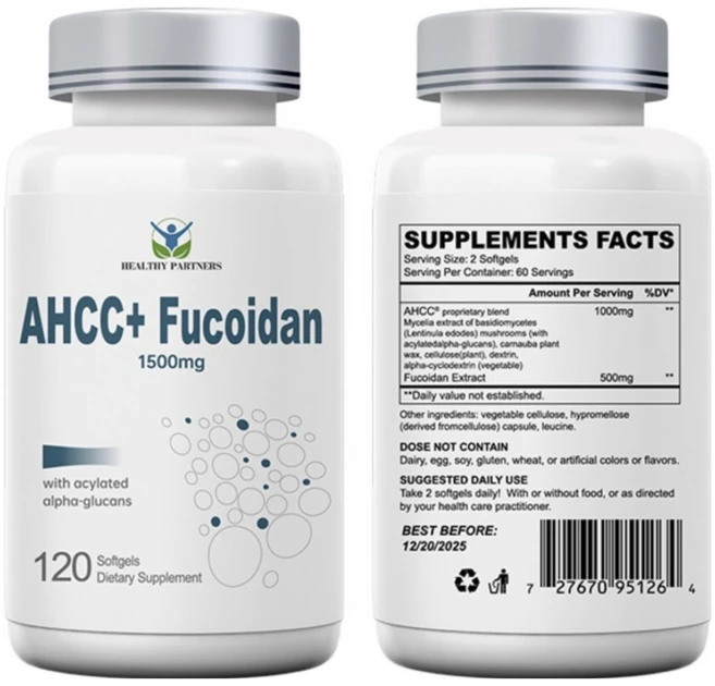 헬시파트너 AHCC 후코이단 1500mg 베타글루칸 표고버섯 균사체 알파글루칸 미역귀 무관세, 6개, 120정 - 쿠팡