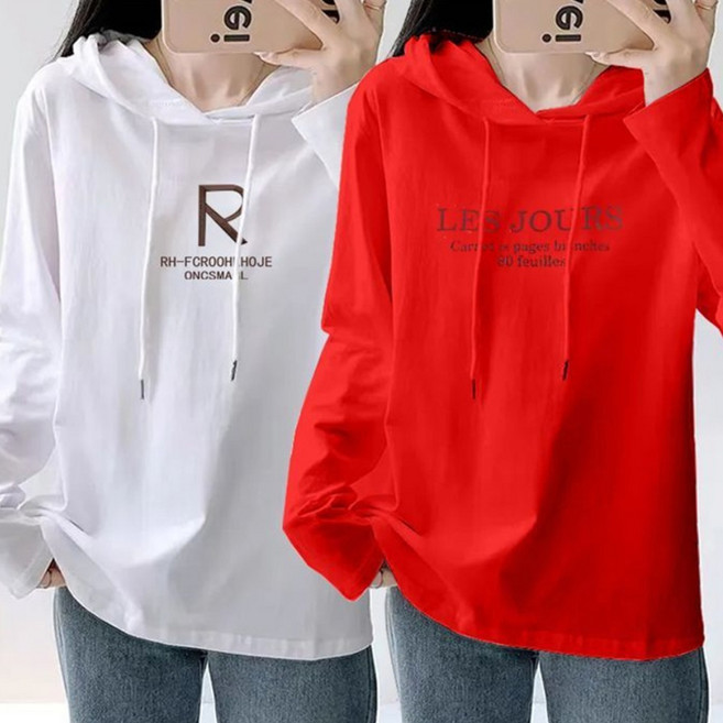 TKX 1+1 여성 봄 가을 후드 티셔츠 긴팔 캐주얼 박시한 코튼 프린트 후드티 통기성 좋은 K53