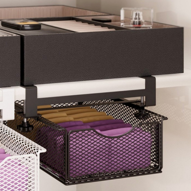 책상 옷장 무타공 슬라이딩 수납 서랍 철체 바구니, 1단, 블랙