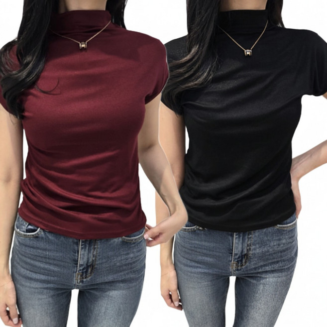 밀크린 여성 여름 목폴라티 반팔 나시 2종 세트 얇은 반소매 폴라티 티셔츠
