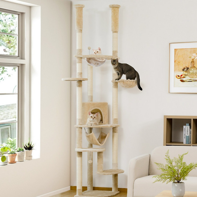 PAWZ Road 6단 대형 플러시 패브릭 캣폴 천장 고정형 트윈 기둥 높이 조절 캣타워 236CM-258CM 스크래쳐 기둥+숨숨집+해먹, 1개, 베이지