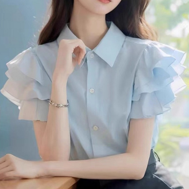 쁘띠꼬모 여성 캐주얼룩 예쁜 쉬폰 블라우스 블루 프릴 반팔셔츠 W541705