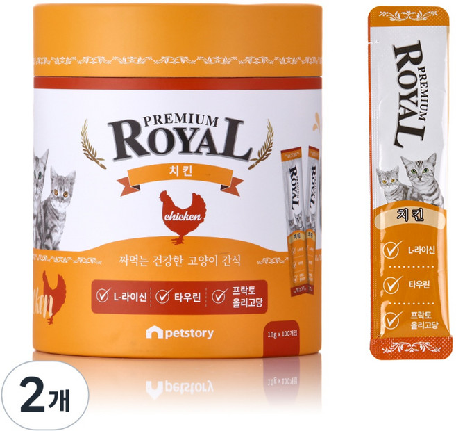 프리미엄로얄 고양이 스틱 간식 원통형 100p, 치킨맛, 1kg, 2개
