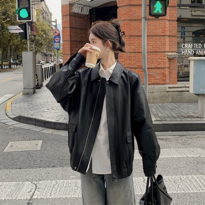 HA.M 여성 루즈핏 인조 가죽 재킷 소프트 PU 코트 지퍼 라이더자켓