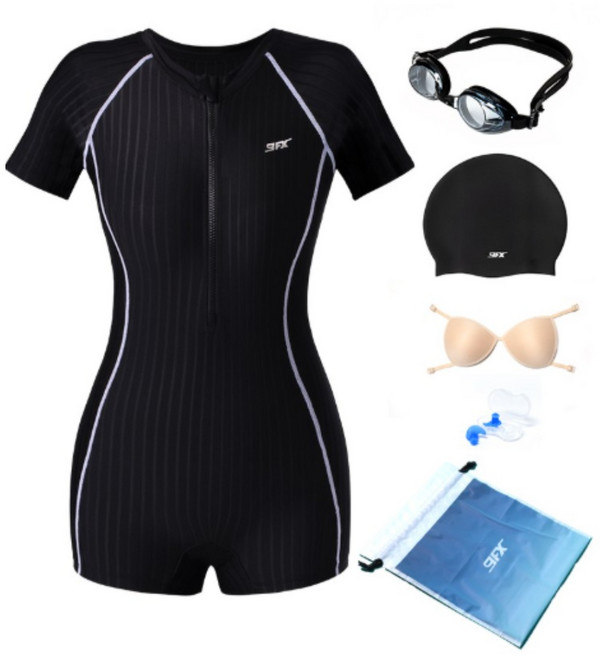 여성 실내 강습 반전신 반소매 민소매 원피스 수영복 + 수경 + 수모 6종 세트
