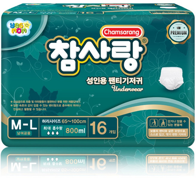 참사랑 남녀공용 팬티형 프리미엄 성인 팬티기저귀 중-대형, 중형, 16매입, 4개