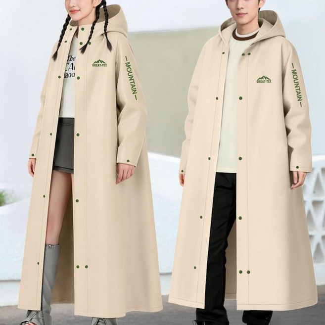 GREAT-TEX 全身雨衣 晴雨兩用 升級加厚, 柔霧咖 - 徒步款 EVA面料 雙重防水門襟