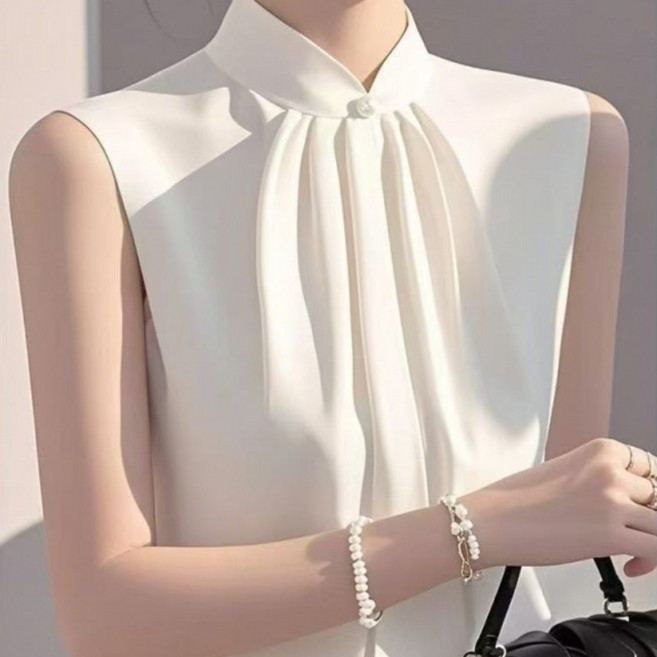 유니픽여성 봄여름 쉬폰 민소매 블라우스 스탠드 칼라 셔링 디자인wd